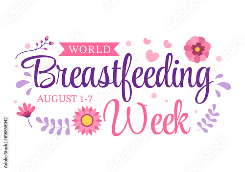 World Breastfeeding Week Vector Illustration of Feeding of Babies with Milk from a Womans Breast in Flat Cartoon Hand Drawn Templates