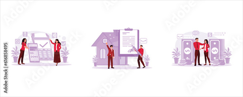Payment process through NFC technology. They are signing a contract for buying and selling a house. Men and women transact money face to face. Trend Modern vector flat illustration.
