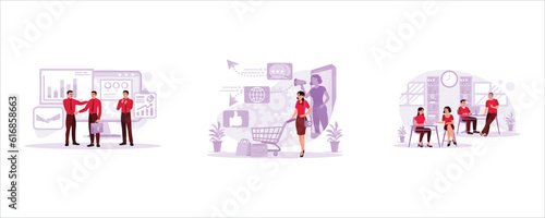 Young business people are shaking hands over business deals. A woman is pushing a trolley with an employee promoting the background. In a favorable situation, the employees talk casually. Trend Modern
