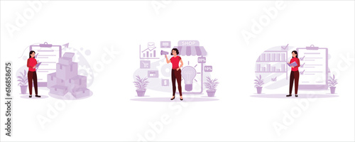 The female employee checks a pile of parcel boxes. Retail entrepreneurs do promotions with loudspeakers. The store clerk records and writes store items. Trend Modern vector flat illustration.