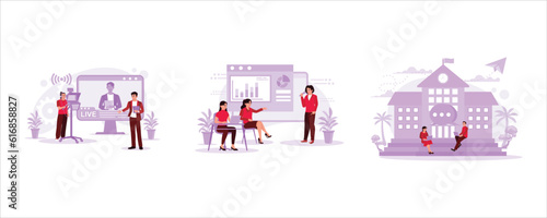 Newsreaders do live broadcasts. Young manager presenting in front of employees using a mic. Two students are doing assignments in front of the campus building. Trend Modern vector flat illustration.