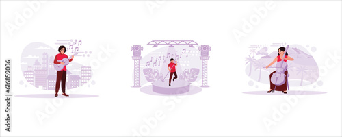 Street musician playing acoustic guitar. Soloist singing energetically on stage. The female cellist plays the cello with confidence. Trend Modern vector flat illustration.