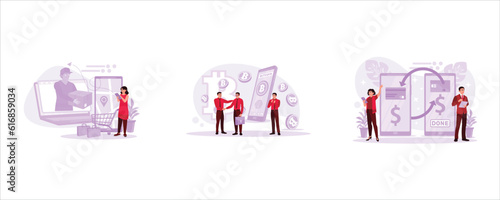 Women shop online and wait for parcel couriers. Young businessman transacting Bitcoin. Two people were transferring money via smartphone. Trend Modern vector flat illustration.