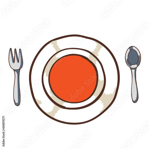 Empty plate with spoon and fork. Vector illustration in cartoon style.