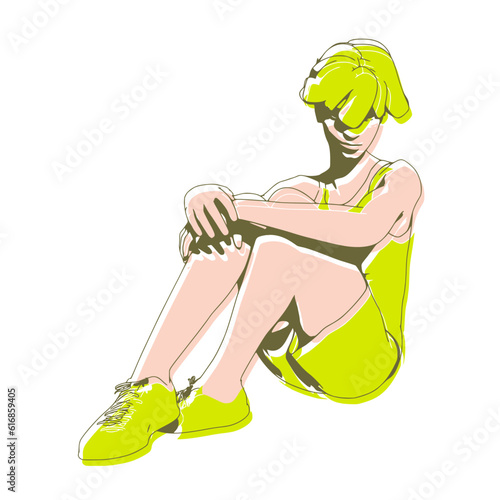 Beautiful woman resting after exercise. Sport girl illustration. Young woman wearing workout clothes. Sport fashion girl outline in urban casual style.