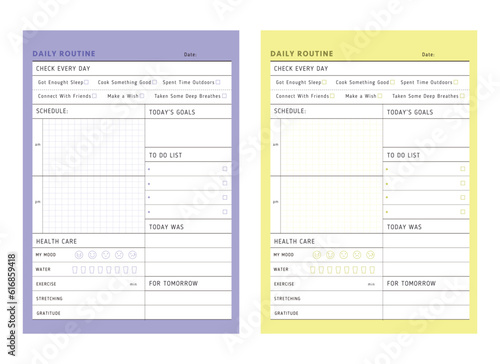 Daily Routine planner. (Fashion)  Minimalist planner template set. Vector illustration.	