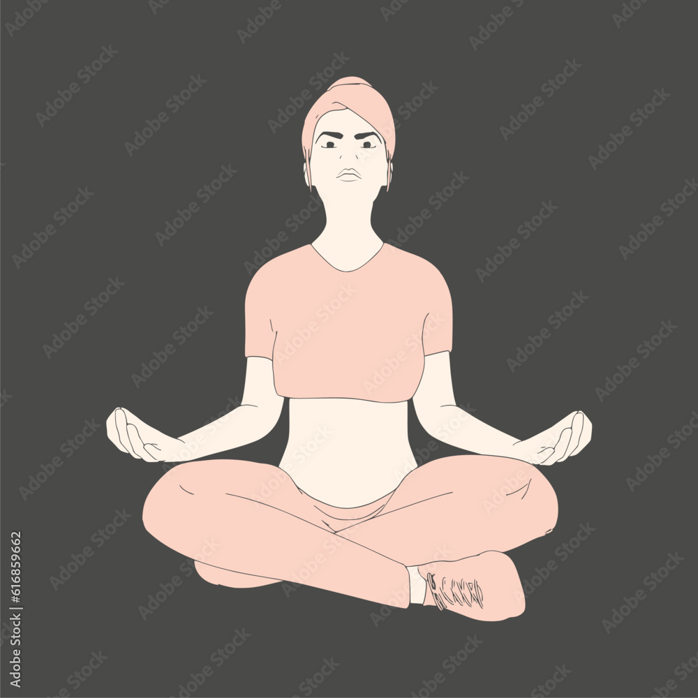Young girl sitting in yoga lotus pose. Happy relaxed female character performing meditation exercise. Sport fashion girl outline in urban casual style. Young girl sitting in yoga lotus pose. Happy relaxed female character performing meditation exercise. Sport fashion girl outline in urban casual style.
