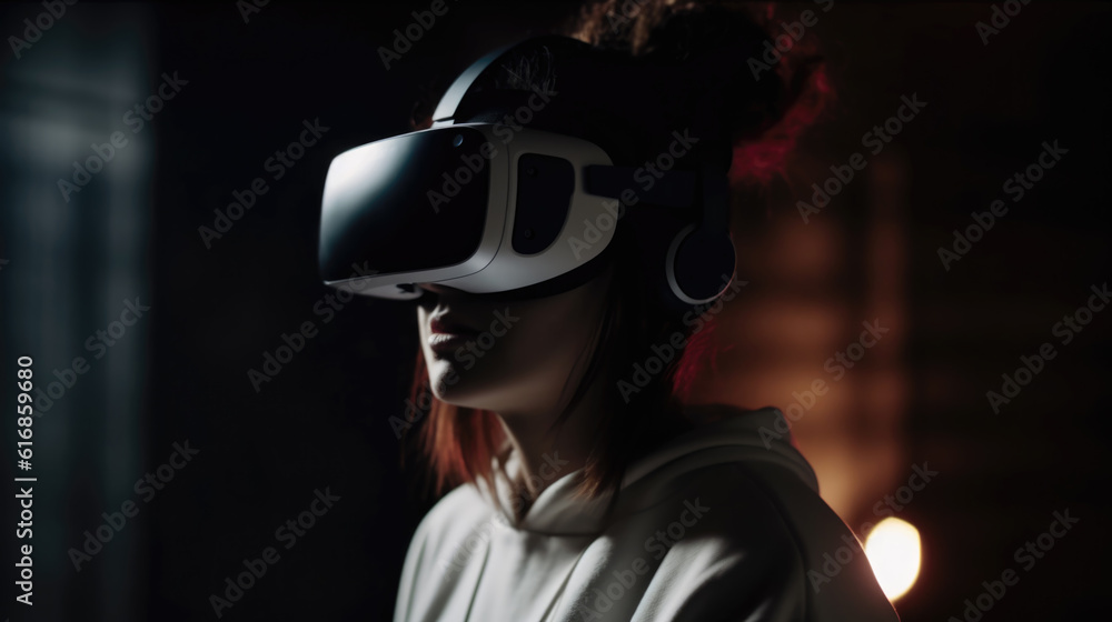 Futuristic Person Wearing Virtual Reality Headset Oculus in the Nature World Gamer Generative AI Futuristic Person Wearing Virtual Reality Headset Oculus in the Nature World Gamer Generative AI