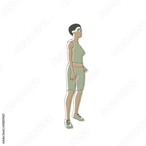 Standing afro american woman. Sport girl illustration. Casual sportwear - t-shirt, breeches and sneakers. Young woman wearing workout clothes. Sport fashion girl outline in urban casual style.