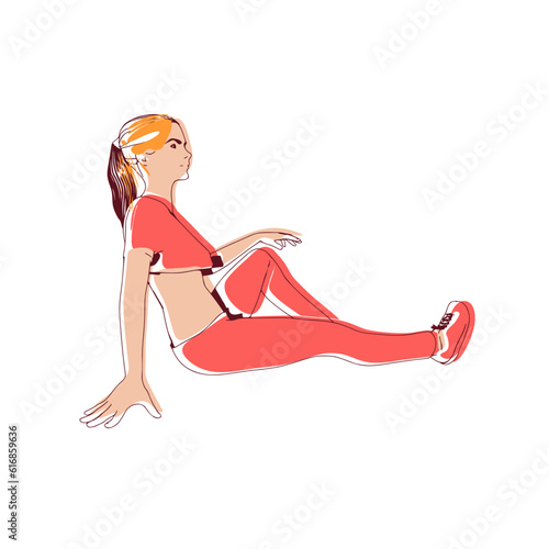 Sitting woman. Sport girl illustration. Casual sportwear - t-shirt, breeches and sneakers. Young woman wearing workout clothes. Sport fashion girl outline in urban casual style.