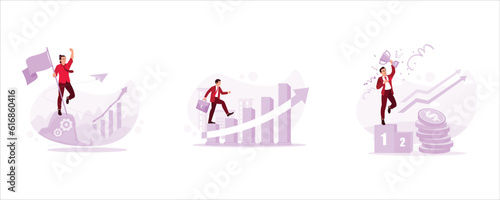 Portrait of success by climbing to the top of the mountain. A man in a suit climbs a chart-shaped staircase. Male businessman jumping and carrying a trophy. Trend Modern vector flat illustration.
