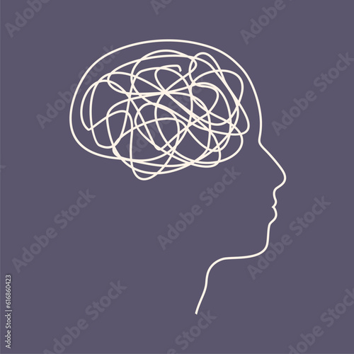 Psychotherapy, stress and psychosis. A man head in profile with a tangled ball of nerves, scribbles symbolizing a depressed state of a person. Psychological help. Personality disorder and depression