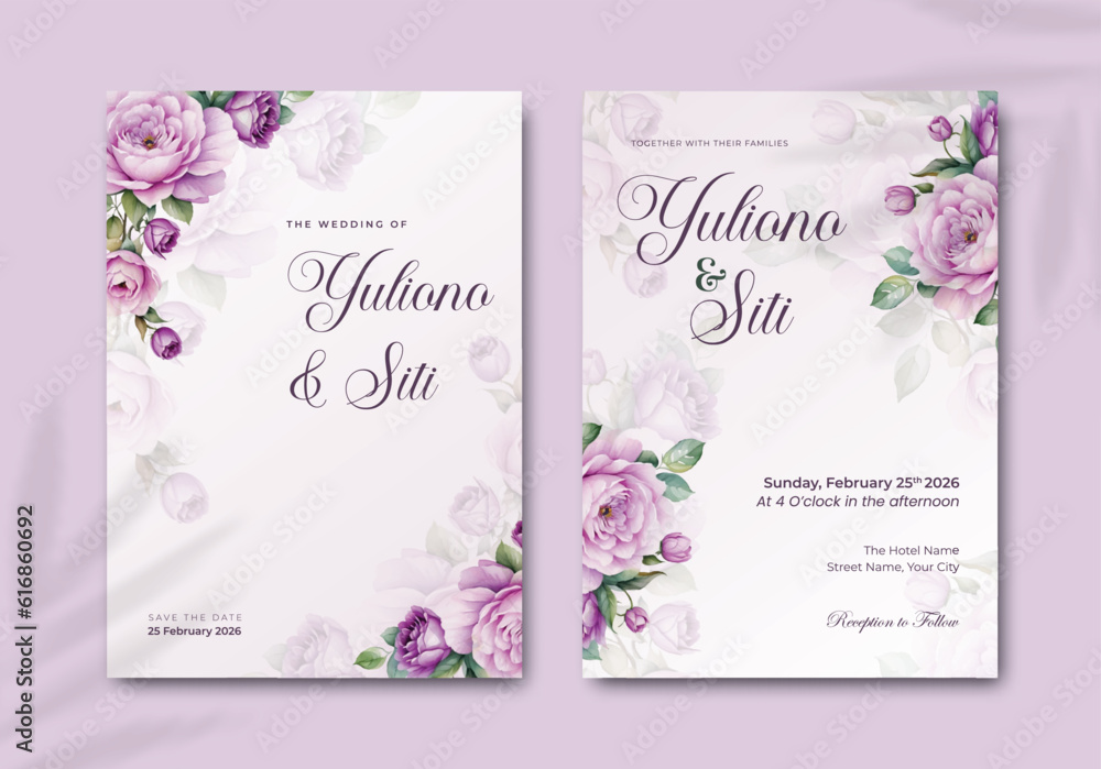 wedding invitation template with flower watercolor premium vector