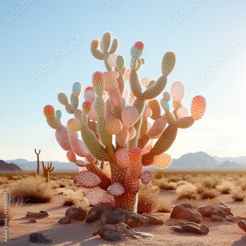 A stunning image of a saguaro cactus standing in the middle of a barren desert landscape, its spiny thorns sparkling like diamonds in the light of a beautiful outdoor sky