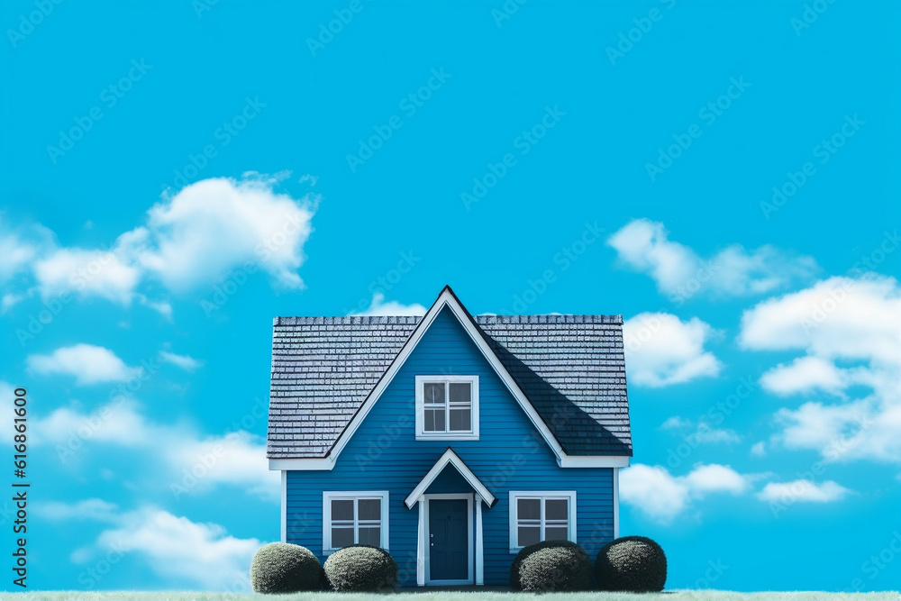 A blue house with a blue roof and a sky background A blue house with a blue roof and a sky background