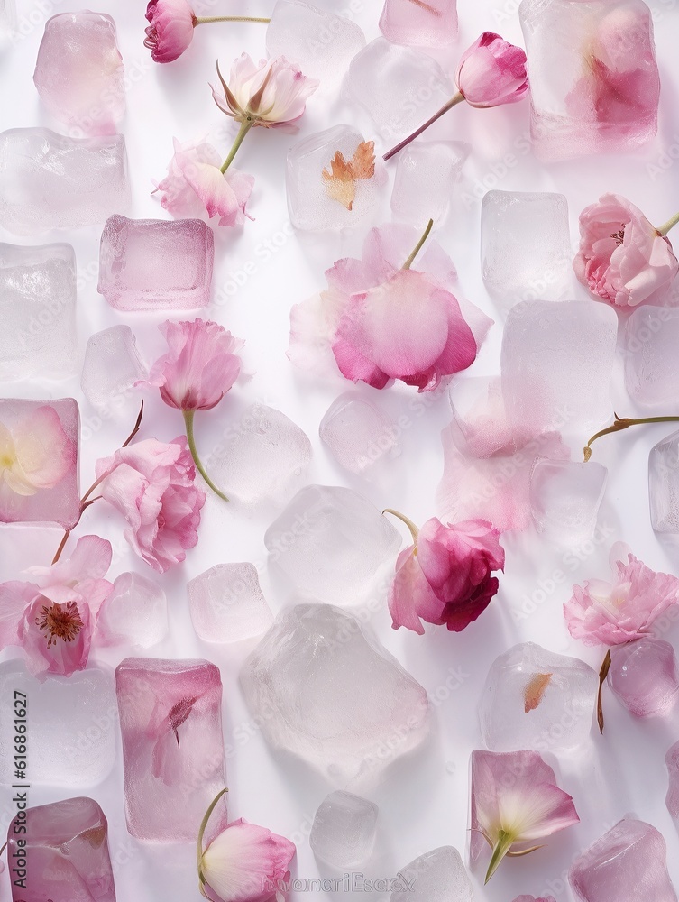 A soft and romantic pink rose, its delicate petals adorned with frosty ice cubes, sits gracefully atop a pristine white surface, a breathtaking contrast of frozen nature and pastel beauty A soft and romantic pink rose, its delicate petals adorned with frosty ice cubes, sits gracefully atop a pristine white surface, a breathtaking contrast of frozen nature and pastel beauty