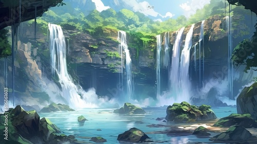 ethereal waterfalls, digital art illustration