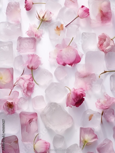 A soft and romantic pink rose  its delicate petals adorned with frosty ice cubes  sits gracefully atop a pristine white surface  a breathtaking contrast of frozen nature and pastel beauty