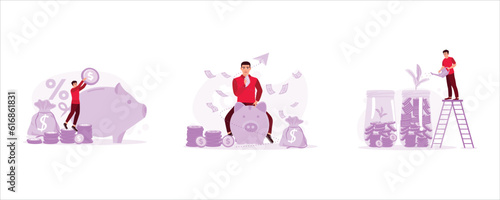 A young man is putting coins into a giant piggy bank. The man is sitting on a piggy bank and some cash, and a man is standing on a ladder and splashing coins in a glass jar. Trend Modern vector