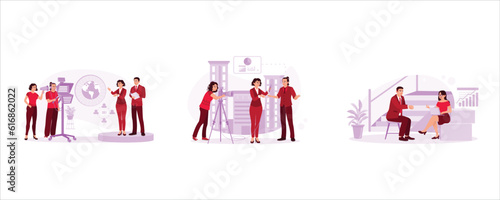 Two newsreaders broadcast on television. Brilliant business person interview by a journalist. Two co-workers are sitting and chatting casually. Trend Modern vector flat illustration.