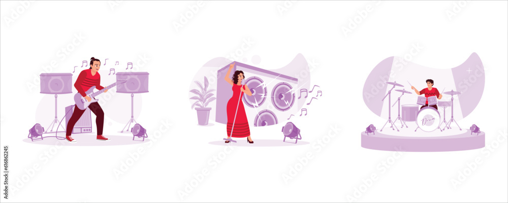 The guitarist plays stunningly on stage. Female singer in a dress singing melodiously. The band drummer is practicing seriously for the concert. Trend Modern vector flat illustration.