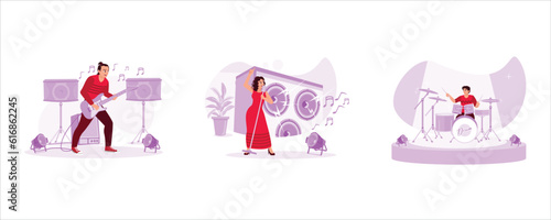 The guitarist plays stunningly on stage. Female singer in a dress singing melodiously. The band drummer is practicing seriously for the concert. Trend Modern vector flat illustration.