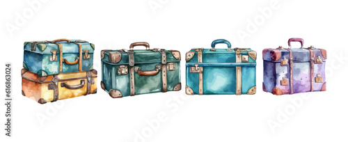 Set of travel luggage suitcase watercolor isolated on white background. Vector illustration