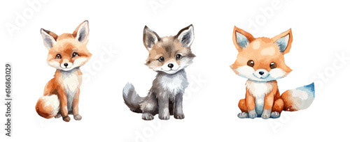 Cute fox watercolor isolated on white background. Set of wild fox animal vector illustration