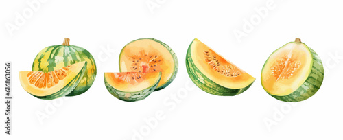 Set of cantaloupe melon fruit watercolor isolated on white background. Vector illustration