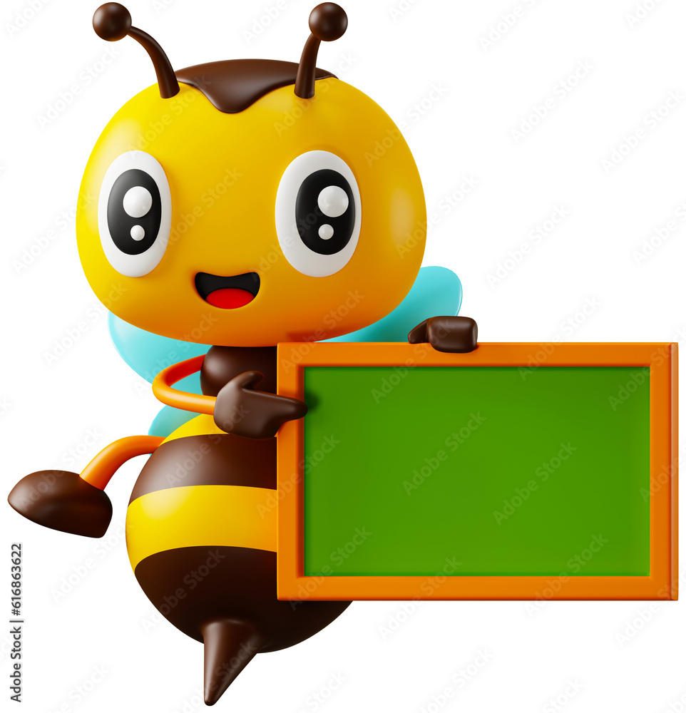 Cartoon cute honey bee hand pointing on empty blackboard 3D render character illustration. Back to school concept