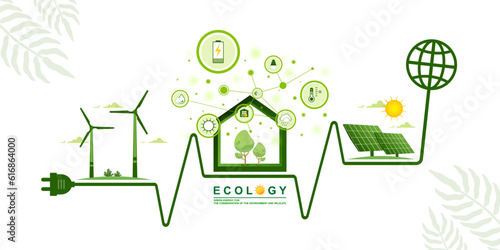 Environmental care and use clean energy from renewable sources concept, Infographic of smart modern eco house or home with windmills farm, Wind power, Solar energy panel, Sustainable of green ecology.