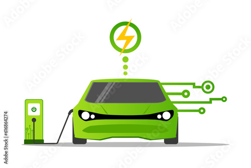 Electric car connected plug in charging station, Innovative smart vehicles energy saving and environmental protection, Renewable energy, Sustainable ecology and Technology for Green city low carbon.