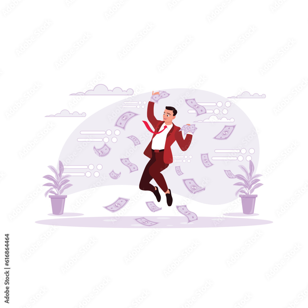 The young man in the suit jumped with the story and brought some money. Trend Modern vector flat illustration.