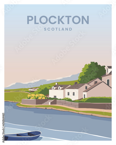 Beautiful view with house and lake of Plockton in Scotland. vector illustration landscape for travel poster, poscard, card, print. 