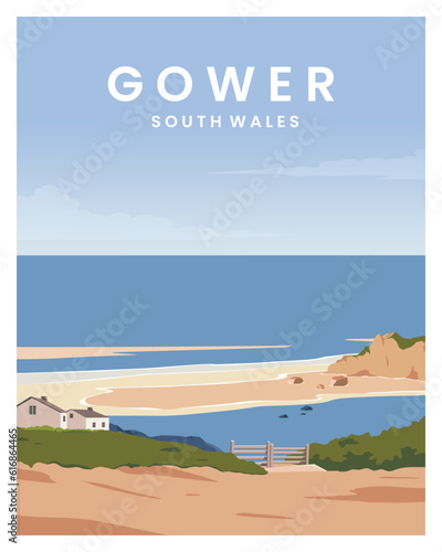 Beautiful landscape of the peninsula in Gower Wales. vector illustration suitable for background, card, postcard, travel poster, print. photo
