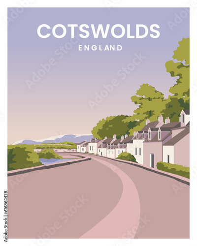 beautiful View cotswold village with hills the background and a purple sky from the sunset. vector illustration landscape background.