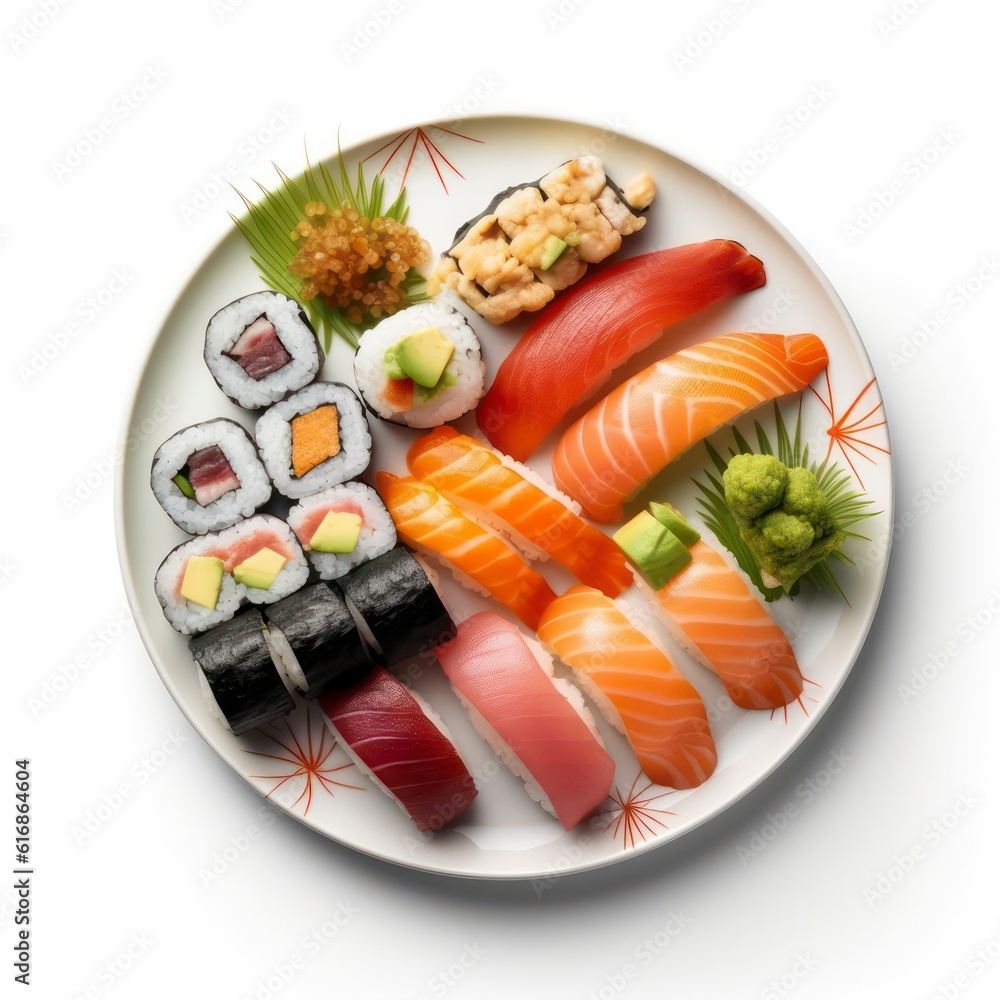 a plate of sushi roll on white background for food photography generative ai a plate of sushi roll on white background for food photography generative ai