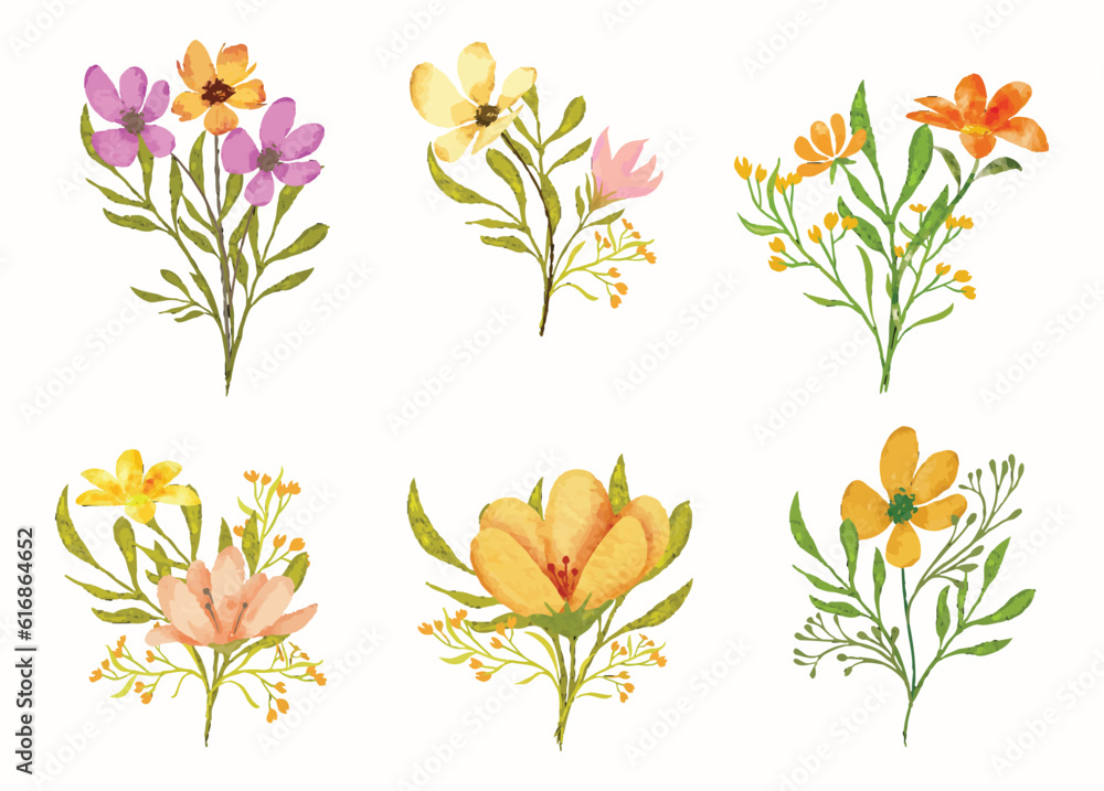 Watercolor floral branch illustration with flowers and leaves