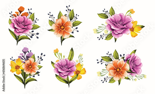 Natural floral bouquet with isolated flowers and leaves in watercolor style