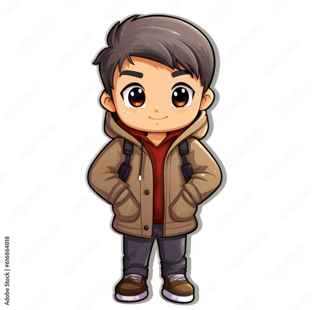 Sticker of a cute asian boy in urban clothes isolated on white background