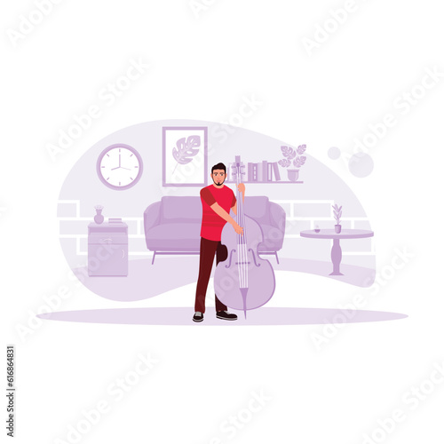 Portrait of a young musician playing a double bass instrument in the living room. Trend Modern vector flat illustration.