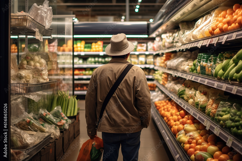 a man shopping for groceries in a supermarket grocery store