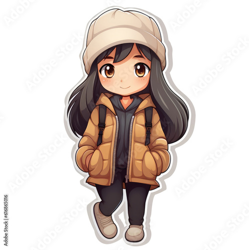 Sticker of a cute asian girl in urban clothes isolated on white background