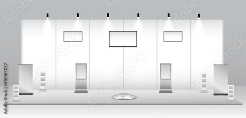 set of realistic trade exhibition stand or white blank exhibition kiosk or stand booth corporate commercial. eps vector
