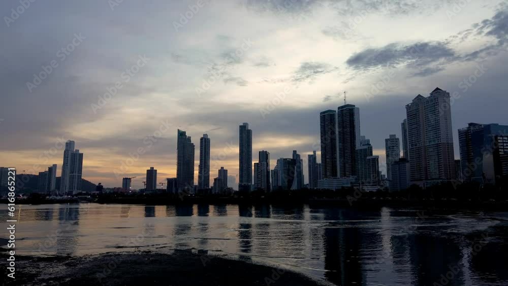 Cinta Costera - Panama City skyline in silhouette at sunset Cinta Costera - Panama City skyline in silhouette at sunset