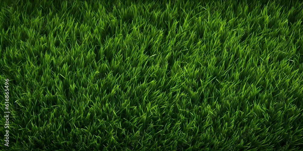 Obraz premium Wide format background image of green carpet of neatly trimmed grass. Beautiful grass texture on bright green mowed lawn, field, grassplot in nature