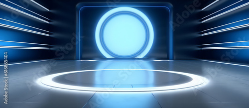 Empty stage neo blue light, exhibition, empty space, generative ai, digital illustration