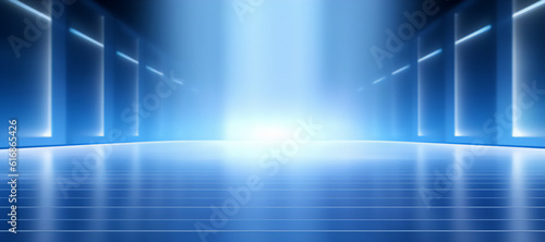 Empty stage neo blue light, exhibition, empty space, generative ai, digital illustration