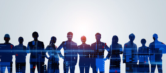 Group of multinational people and digital technology concept. Digital transformation. System engineering.