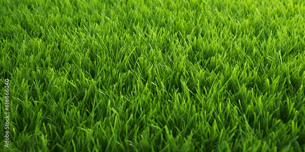 Obraz premium Wide format background image of green carpet of neatly trimmed grass. Beautiful grass texture on bright green mowed lawn, field, grassplot in nature